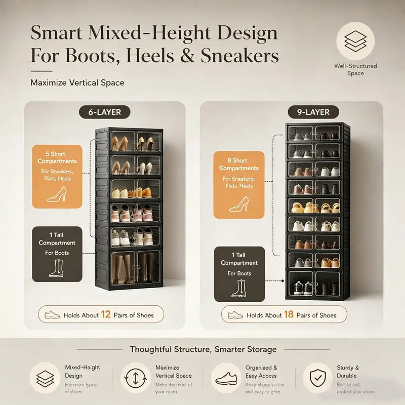9-Layer Foldable Shoe Organizer Storage Box - Portable Extra-Large Folding Closet Shoe Rack with Magnetic Transparent Door