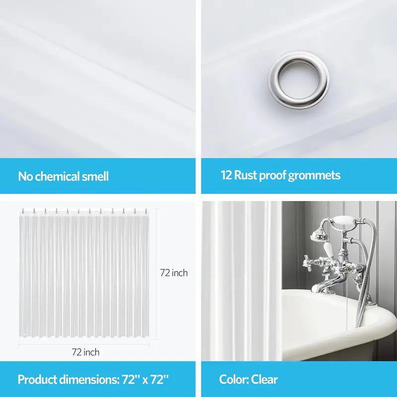 Waterproof Modern Straight PEVA Shower Curtain Liner, 72x72 in Lightweight Design with 12 Rust-Proof Metal Grommets for Grommet Hang Bathroom Use [New Deal]