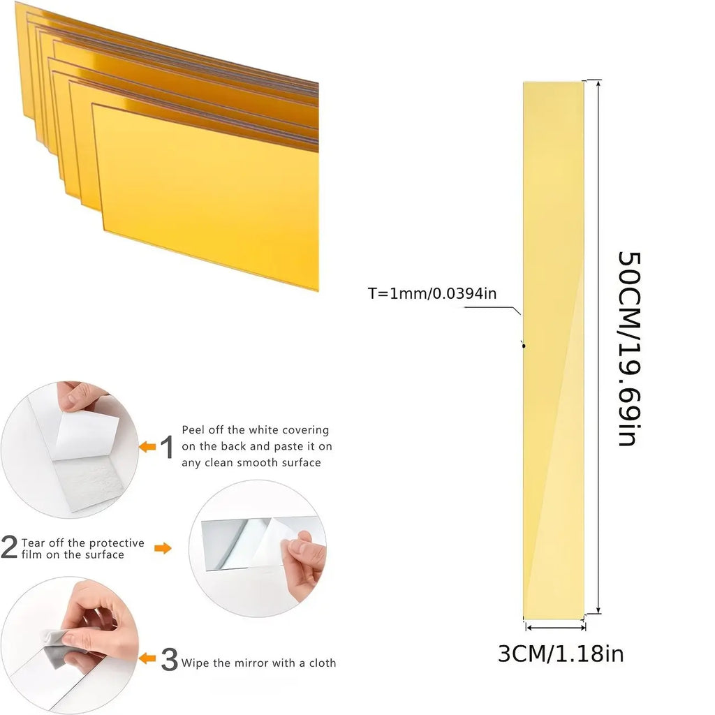20/35pcs, Golden long acrylic mirror wall sticker, Wall art stickers, 3x50cm self-adhesive waistline decorative strip, DIY hole free and easy to install, used for decoration, living room, bedroom, TV background wall