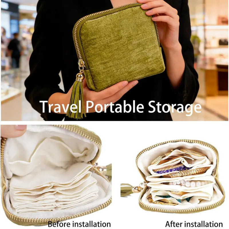 Jewelry Storage Pouch with Tassel Zipper – BOOVO 5 Compartment Velvet & Satin Travel Bag, Soft Interior Organizer for Rings, Bracelets and Chain Necklaces, Ideal Compact Accessory for Handbag or Suitcase, Plush Velvet Feels Luxe And Gentle