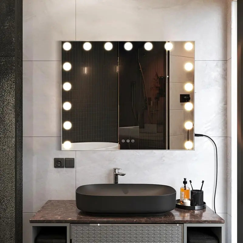 Hoodink Lighted Vanity Mirror, 23"x18" Hollywood Makeup Mirror with 15 LED Bulbs, 3 Color Modes, USB Port, Tabletop-Wall Mount, Room Decor, House Decor, Vanity Organization, Girl Room Accessories for Women White