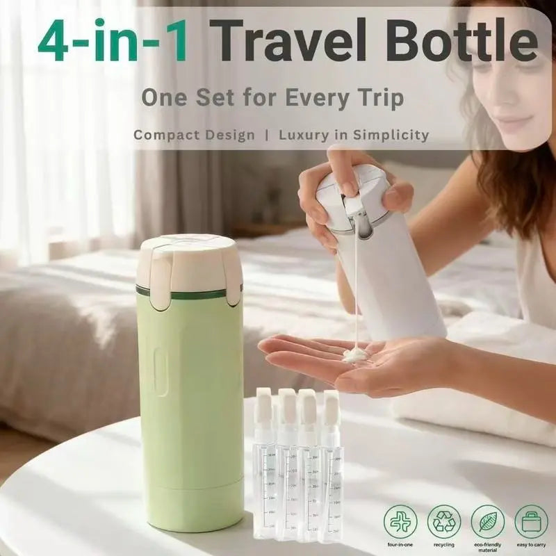 4-in-1 Compact Portable Cosmetic Storage Organizer with Refillable Easy-Press Plastic Travel Toiletry Bottles for Shampoo, Lotion - Lightweight Home Organizer Bathroom Supply (Wholesale Available)