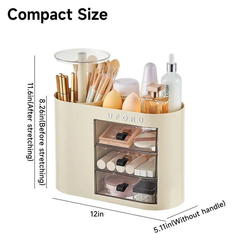 UFORU Classic Oval Desktop Storage Box - 4-Slot Brush Holder, 1-Touch Open Airtight Drawer, Dainty Divided Easy Access Cosmetic Organisers for Lipstick, Skincare, Jewelry (Dorm Storage Organization)