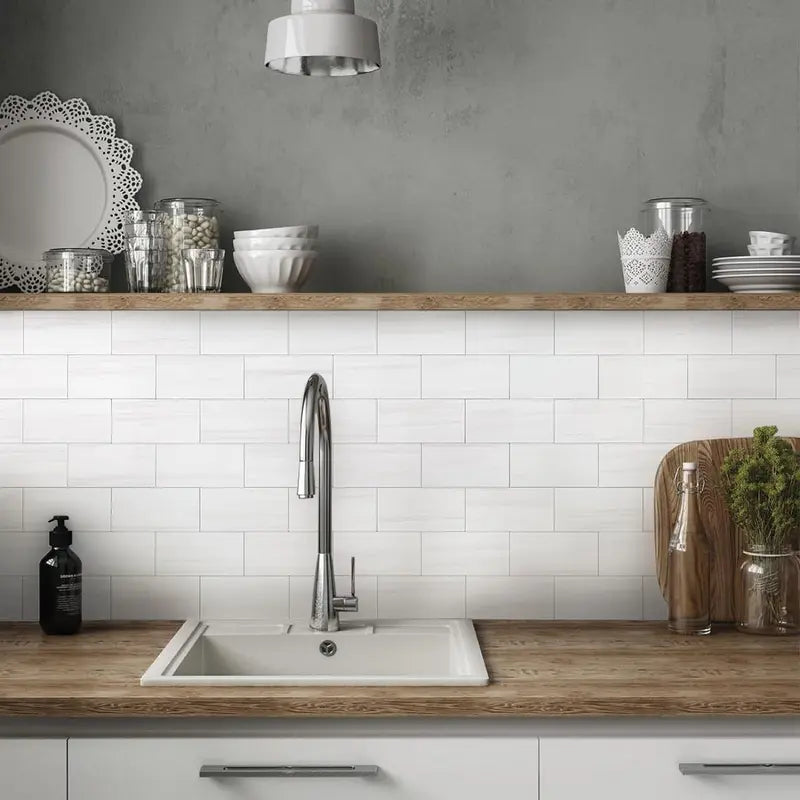 Vamos Tile 100-Piece Glossy Wooden Marble Grain Peel and Stick Backsplash Tile,3''x6'' PVC Subway Tile with White Grout, Stick on Backsplash for Kitchen/Bathroom/Fireplace