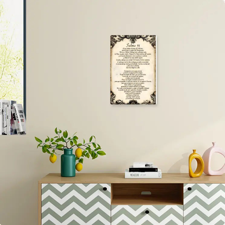 1pc 12x8in Aluminium 2D Flat Decorative Sign & Plaque - Vintage Spanish Psalm 91 Inspirational Religious Wall Art, Ornate Framed Ornaments, Default Spanish Faith Decor, Vintage Home Decor for Home Prayer Rooms Focal Point