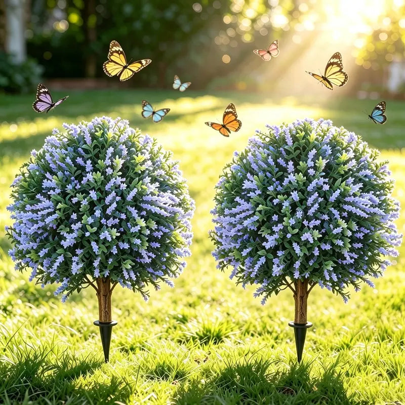 Artificial Boxwood Topiary Ball - 24in UV-Resistant Faux Shrub with Lavender Accent, High-Density PE Leaves, Wood-Effect Trunk, Ground Spike Base, Set of 2 for Porch, Entryway, Patio Decor