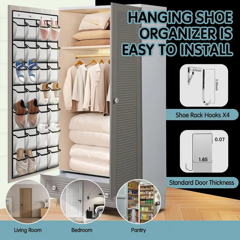LMMAKE 1PC Over The Door Closet Shoe Organizer - 28-Pocket, 4 Metal Hooks, Adjustable Hangable Racks, Easy Installation, Holds Shoes, Beauty Products & Accessories, Space-Saving for Closets, Apartments, Footwear Organization