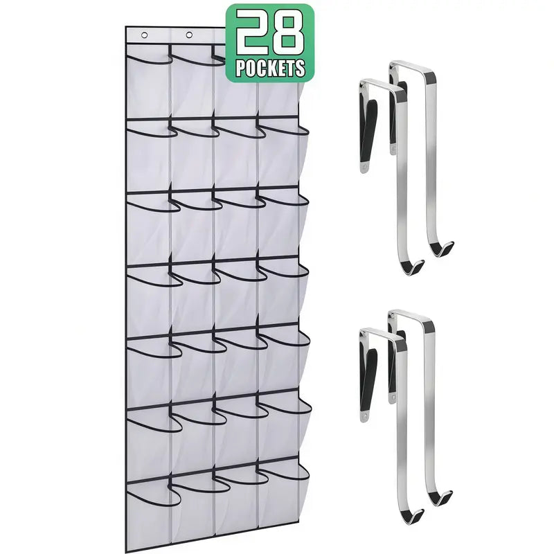 LMMAKE 1PC Over The Door Closet Shoe Organizer - 28-Pocket, 4 Metal Hooks, Adjustable Hangable Racks, Easy Installation, Holds Shoes, Beauty Products & Accessories, Space-Saving for Closets, Apartments, Footwear Organization