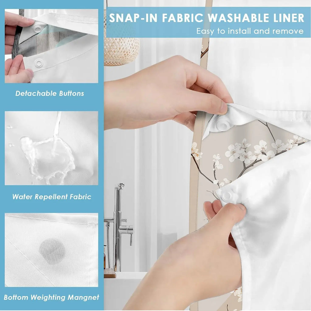 1Pc Hookless Double Layer Aesthetic Shower Curtain, Beige Cherry Blossom Floral Print, Minimal Farmhouse Bathroom Decor, Water Repellent Washable Fabric, Removable Snap-in Liner, Top See-Through Window, For Apartment