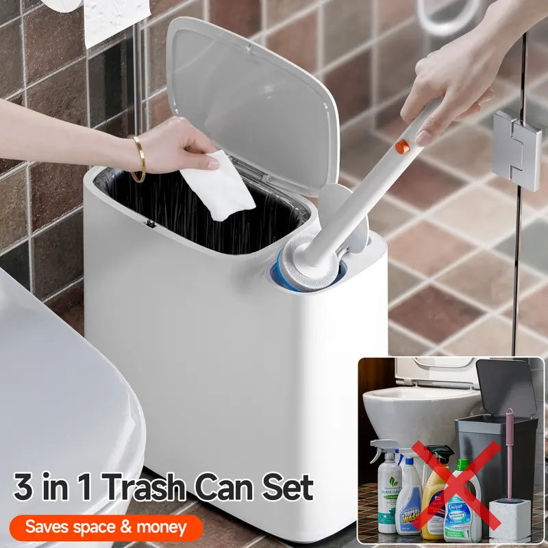 Bathroom Trash Can, 2-in-1 Bathroom Trash Can with Disposable Toilet Brush, Waterproof Slim Waste Bin with Removable Inner Bucket, Disposable Toilet Cleaning Kit, Space-Saving for powder room