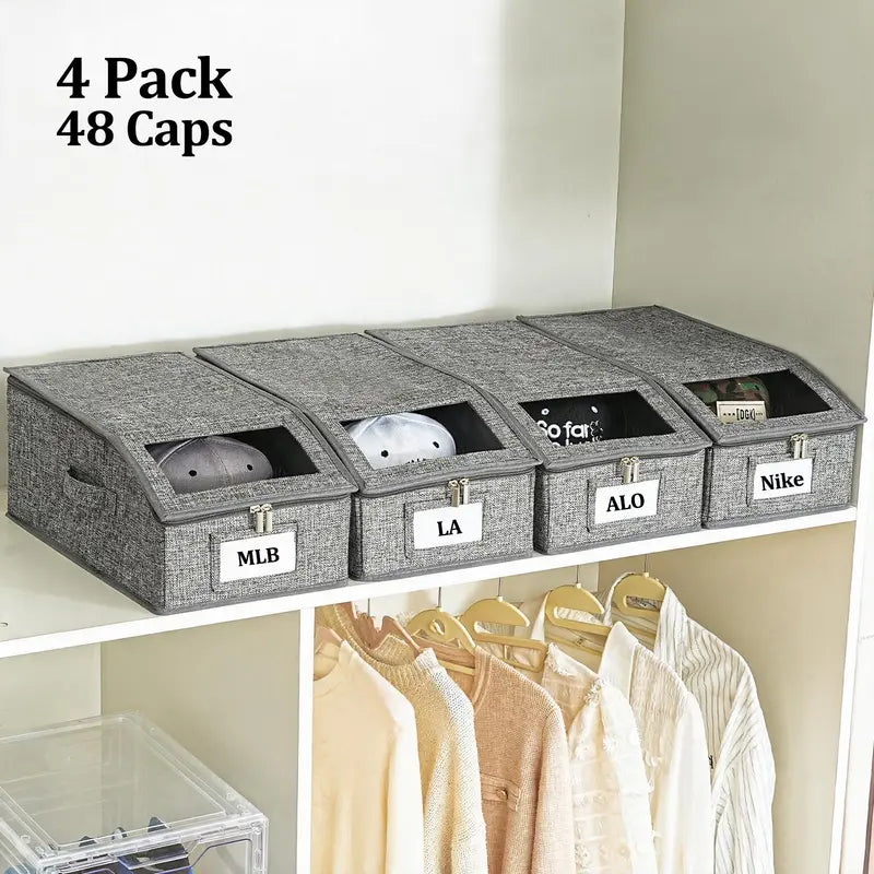TAYTUU Linen 1-Pack Stackable Trapezoid Hat Organizer Bin with Drawstring, Cardboard-Supported Space-Saving Window Boxes for Closet, Transparent Holds 12 Caps, Men’s & Women’s Christmas/Mother’s Day Gifts