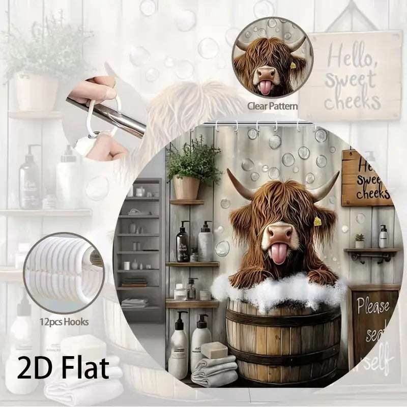 Cute Humorous Farmhouse Shower Curtain, Funny Highland Cattle Bathing Design, Includes Hooks, Suitable for Bathroom Decor, Funny Shower Curtains for Bathroom