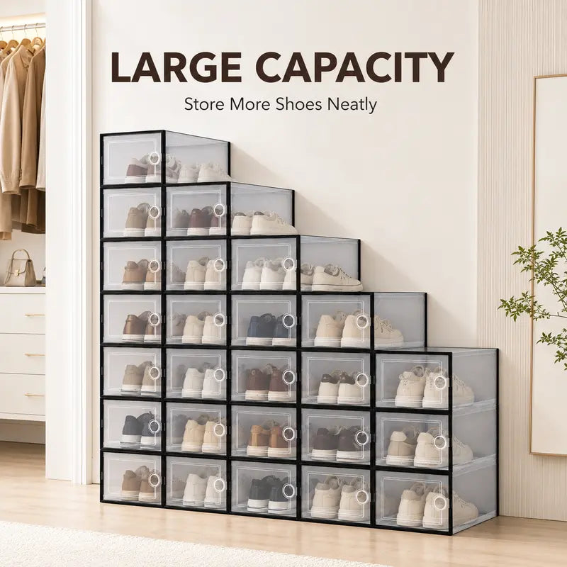 Premium Plastic Stackable Shoe Storage Container - Durable Clear-Based Home Organizer with Magnetic Door, Foldable Design, Entryway Organizer, Closet Storage, Display Rack, Square Sneaker Protection, Entryway Shoe Organizer