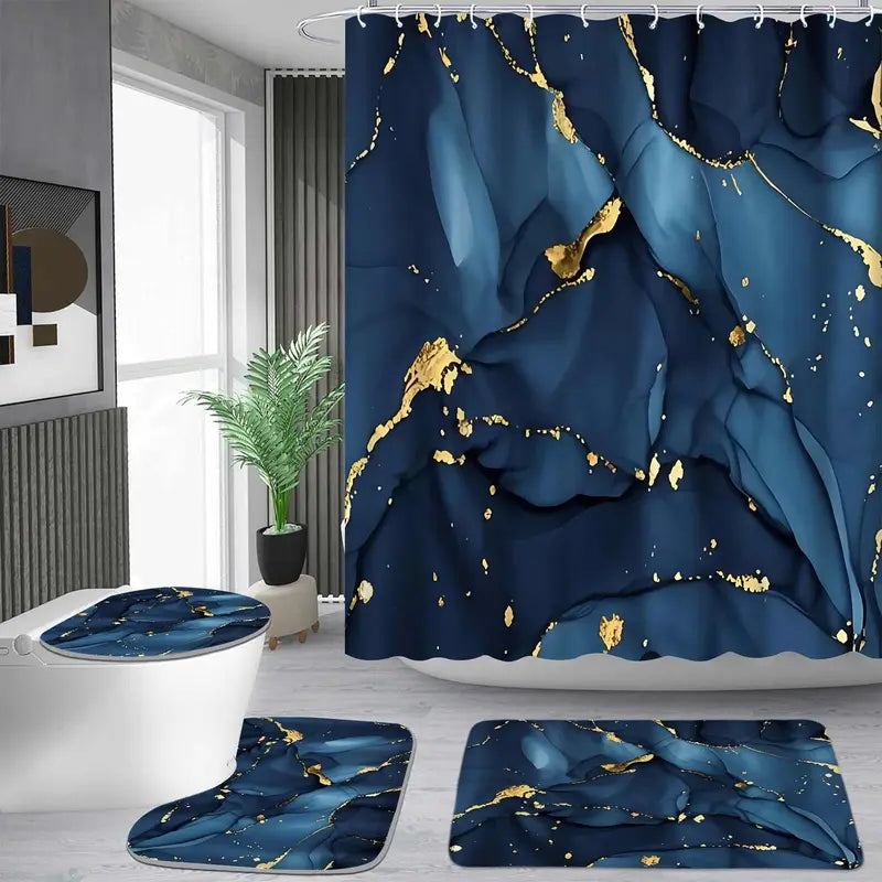 Blue gold gilt fluid pattern shower curtain set, waterproof shower curtain with 12 hooks, non-slip bathroom carpet, toilet U-shaped cushion, toilet seat cover cushion, bathroom shower curtain set, perfect moving gift.
