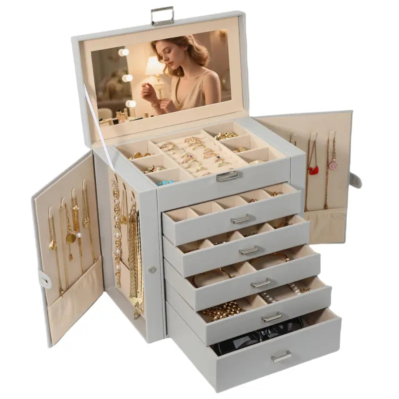 BOOVO Jewelry Box For women, 6 Layer Large Jewelry Organizer With Mirror, Multi-Function Storage Box With Lock, Necklace Holder With 5 Drawers, For Earrings Necklace Bracelet (Rose Gold and Gold)