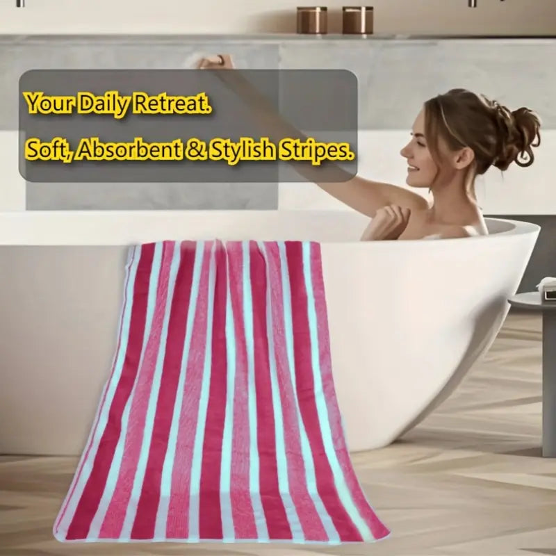 3 Pieces Oversized Bath Towels Set with Three-Color Stripe Design, Includes 1 Large Bath Towel and 2 Washcloths, Super Absorbent Soft Fluffy Fabric Towel Sets, Striped Towels