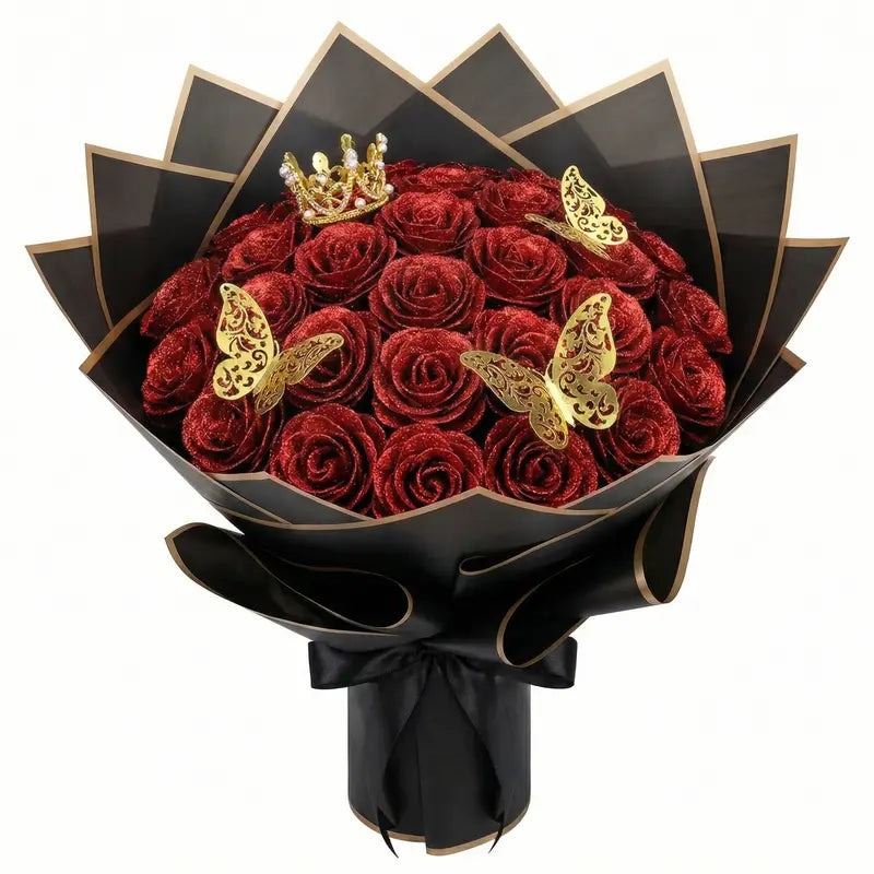 24Pcs DIY Colorful Glitter Silk Faux Flower Bouquet - Shiny Artificial Red Decorative Bouquet, Wardrobe & Room Accessories, Romantic Gifts for Girlfriend, Garage & Home Decor Supplies