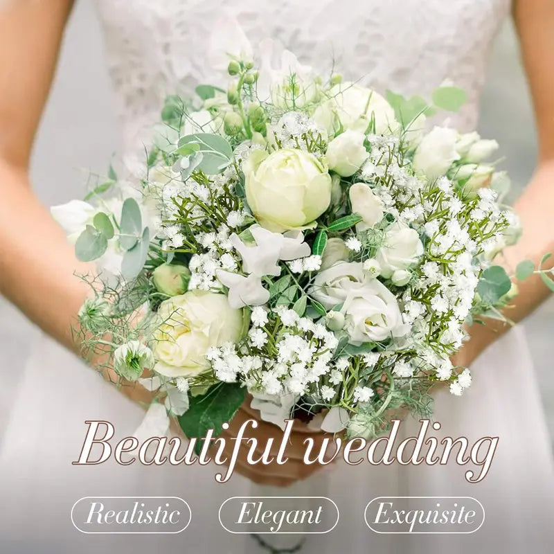 DEEMEI White Artificial Gypsophila Flower Bouquet with Faux Initial - Elegant Flower Bouquet Decorations for Wedding & Home Decor, Babys Breath