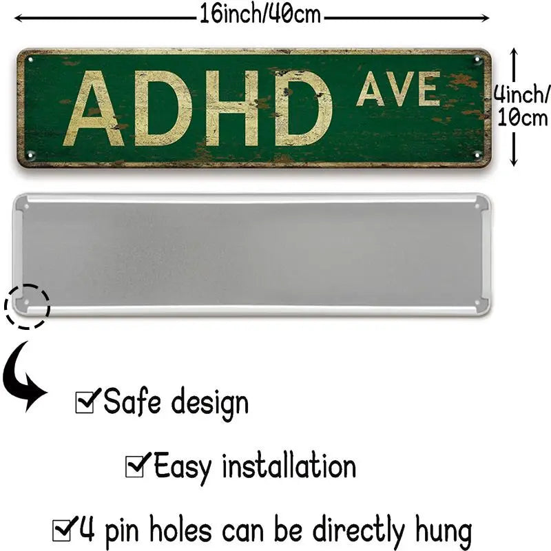 ADHD AVE Lettering Metal Tin Sign, Vintage Metal Sign, 1 Count Street Sign, Decor Signs, Wall Art for Home, Bar, Cafe, and Garage Decor, Home Decor
