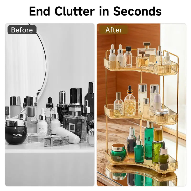 UFORU 3-Tier Transparent Plastic Corner Bathroom Counter Organizer Storage - Bathroom Accessory with Gold Metal Pole, Anti-Slip Trays for Cosmetics, Perfumes, Skincare, Vanity Use, Bedroom Organizer Storage