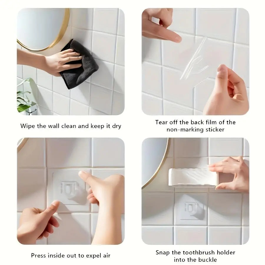 5-Slot Toothbrush Holder with Lid, Self-adhesive Wall Toothbrush Storage Rack, Plastic Bathroom Supplies, Suitable for Dormitories and Showers, Bathroom Accessory, Toothbrush Holders For Bathrooms