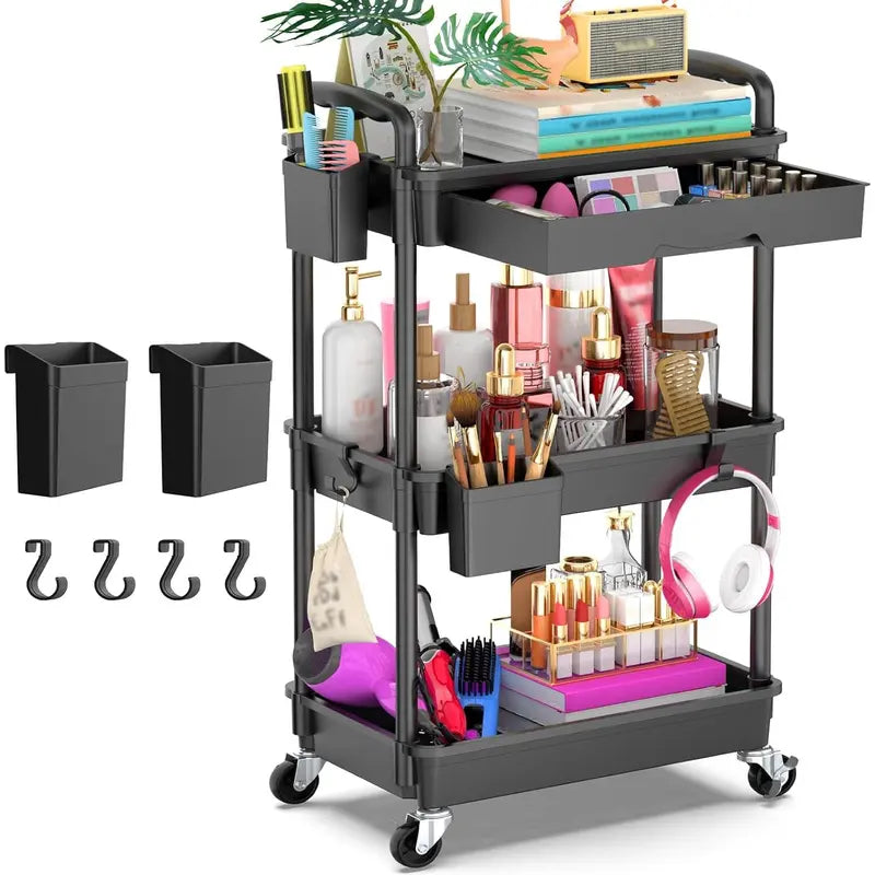 VANCASTLE 3/4 Tier Rolling Utility Cart Organizer with Removable Drawer - Sturdy Rolling Storage Cart with 2 Lockable Wheels for Bathroom, Kitchen, Snack, Craft, Makeup, and Baby Essentials White Racks bathroom organizer garage accessories