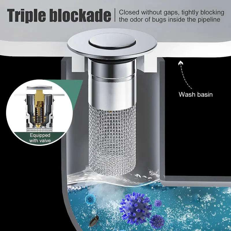 Bathroom Drain Strainer - Bathroom Gadgets with Removable Basket, High Mesh Density Stainless Steel Filter, Pop-Up Sink Drain Stopper, Hair Collector, Bath Accessories