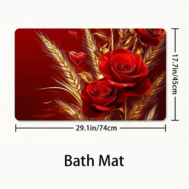 4PC Bathroom Shower Curtain Set - Red Roses & Wheat Ears Design, U-Shaped Mats, Toilet Seat Covers, 12 Hooks, Quick Dry, Machine Washable, Bathroom Decor Ideas