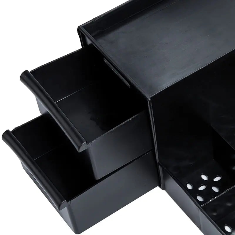 Black Desktop Compartment Storage Bin Cosmetic Organisers - 7 Slots for Gear, 2 Deep Drawer Stash, Drainable, Organization Ideas, Office/Kitchen Desk Vanity Accessory, Dorm Room Find (for Perfumes, Shaving Tools, Skincare Products)