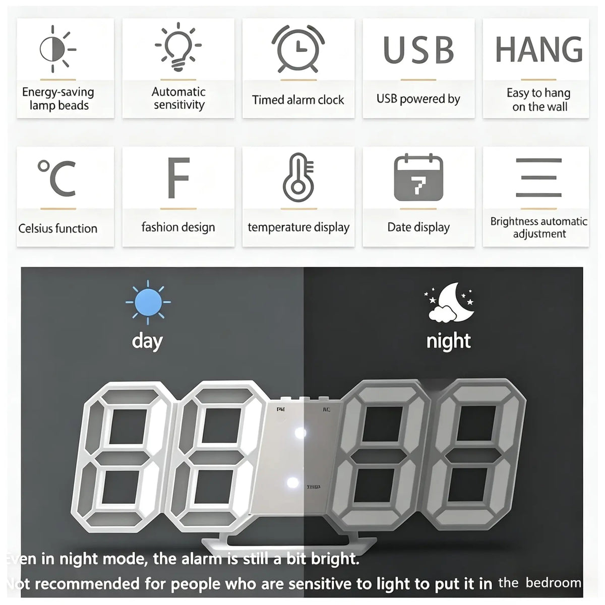 3D LED Digital Lighted Wall Clock with Night Light & Adjustable Brightness – 9-Inch Smart Desk Clock for Bedroom, Kitchen & Office (Time/Date/Temperature)