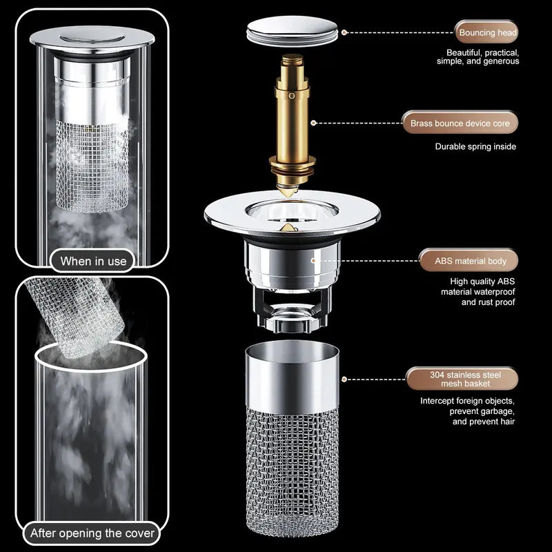 Bathroom Drain Strainer - Bathroom Gadgets with Removable Basket, High Mesh Density Stainless Steel Filter, Pop-Up Sink Drain Stopper, Hair Collector, Bath Accessories