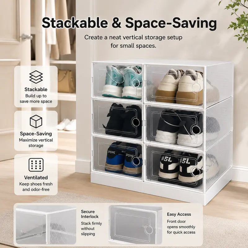 Premium Plastic Stackable Shoe Storage Container - Durable Clear-Based Home Organizer with Magnetic Door, Foldable Design, Entryway Organizer, Closet Storage, Display Rack, Square Sneaker Protection, Entryway Shoe Organizer
