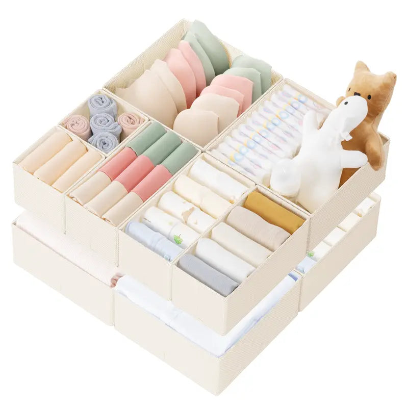 Criusia 10-Pack Plastic Foldable Square Drawer Organizer Bins - Compartmentalized Divided Compartments, Multi-Size Stackable Heavy Boards, Collapsible Storage Bins for Baby Clothes, Fold for Travel Clothes Organiser