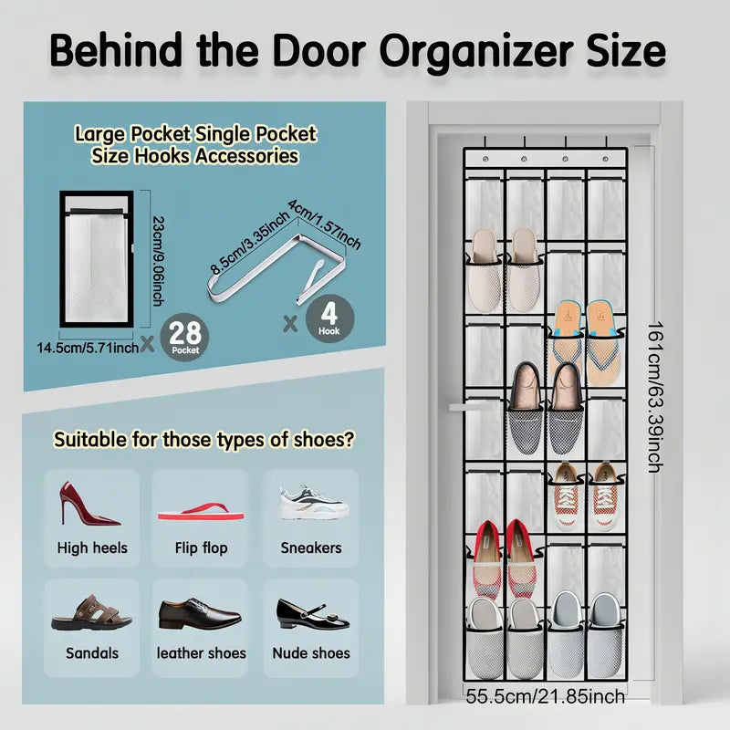 LMMAKE 1PC Over The Door Closet Shoe Organizer - 28-Pocket, 4 Metal Hooks, Adjustable Hangable Racks, Easy Installation, Holds Shoes, Beauty Products & Accessories, Space-Saving for Closets, Apartments, Footwear Organization
