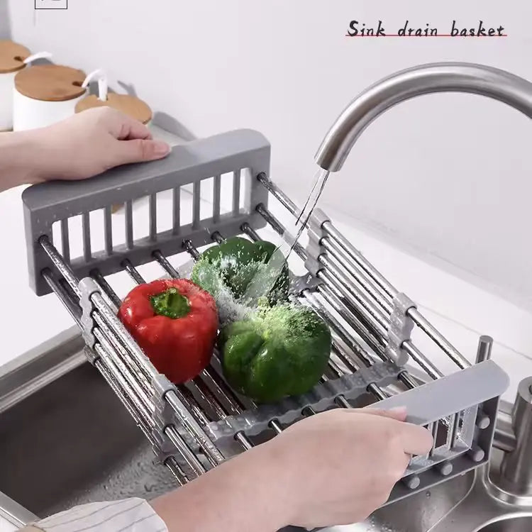 Adjustable Stainless Steel Dish Rack,Expandable Over Sink Rack for Fruits & Vegetables, Kitchen Supplies Stainless Steel Dish Drying Rack, Space Saving ,Kitchen Sink Organizer