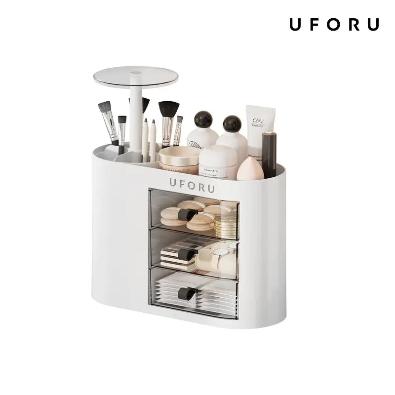 UFORU Classic Oval Desktop Storage Box - 4-Slot Brush Holder, 1-Touch Open Airtight Drawer, Dainty Divided Easy Access Cosmetic Organisers for Lipstick, Skincare, Jewelry (Dorm Storage Organization)