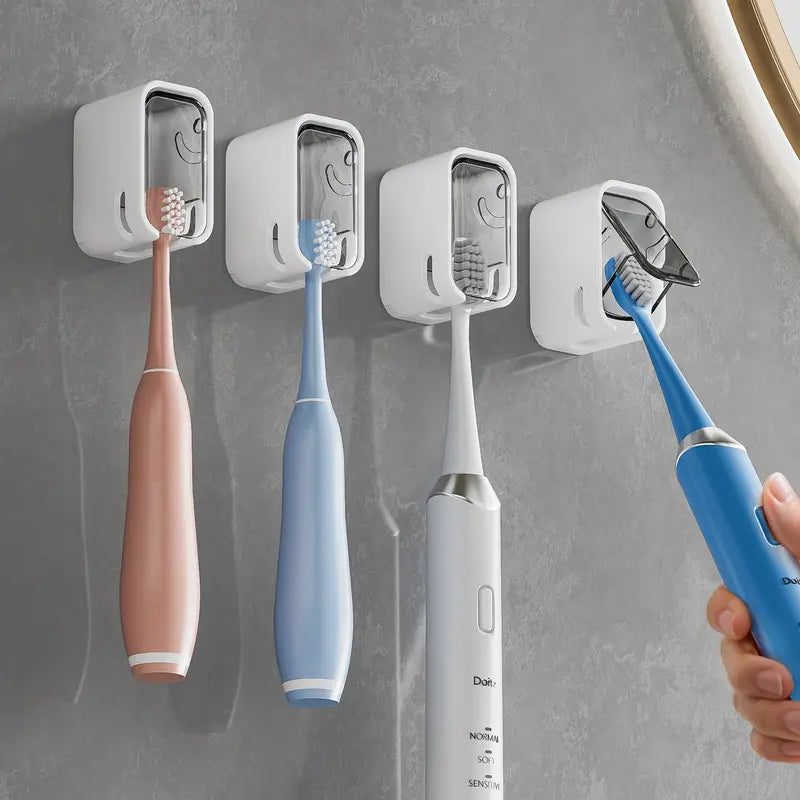 GONGQIN 2PCS Wall-Mount Toothbrush Organizer Set, Portable Bathroom Accessories, Waterproof Covered Holder with Thick Walls, Vent Drain, Easy-Clean Detachable Design, Firm Adhesive Tape for Glass Surfaces (Travel/Home Use for Renters/Families)