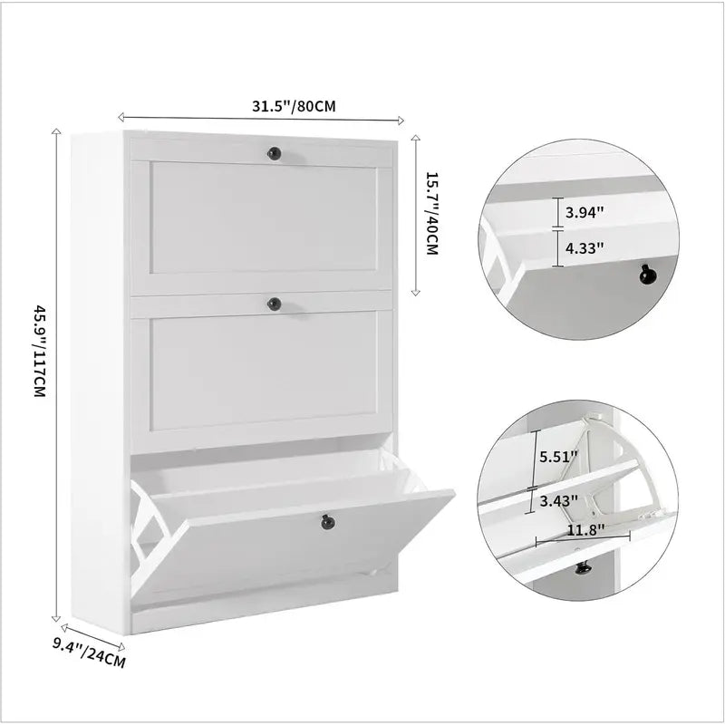 VOWNER Slim Vertical 3+1 Shoe Storage MDF Wood Rectangle Organizer - Freestanding Single Unit, 3 Flip-Top Drawers, Adjustable Shelf, Anti-Tipping Device, Easy Assembly, Child-Safe Mini Hallway Indoor Furniture (31.5"w x 9.4"d x 45.9"h)