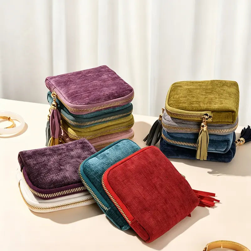 Jewelry Storage Pouch with Tassel Zipper – BOOVO 5 Compartment Velvet & Satin Travel Bag, Soft Interior Organizer for Rings, Bracelets and Chain Necklaces, Ideal Compact Accessory for Handbag or Suitcase, Plush Velvet Feels Luxe And Gentle