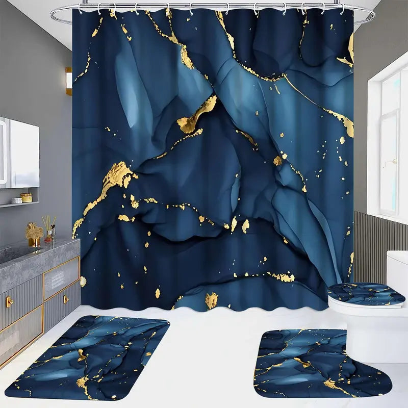 Blue gold gilt fluid pattern shower curtain set, waterproof shower curtain with 12 hooks, non-slip bathroom carpet, toilet U-shaped cushion, toilet seat cover cushion, bathroom shower curtain set, perfect moving gift.