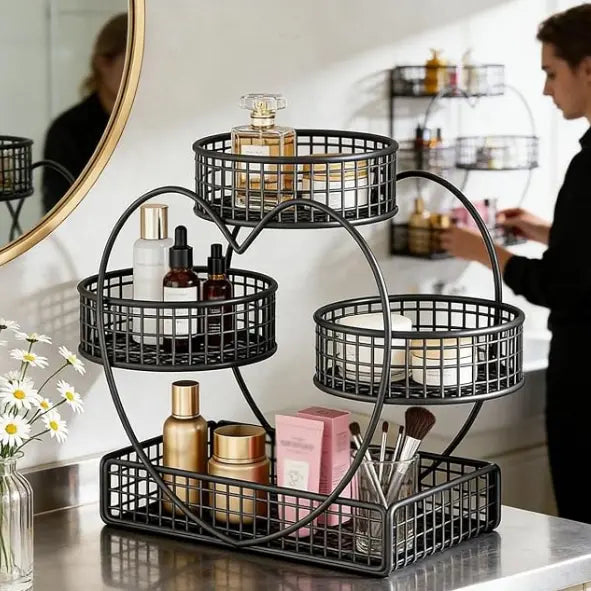 3-Tier Metal Frame Heart-Shaped Wire Mesh Open Basket Rack - Kitchen Countertop Organizer, Fruit & Snack Holder, Kitchen Decor Ideas, Thanksgiving Gift, Bathroom Storage Solution with Included Storage Bag for Displaying Items