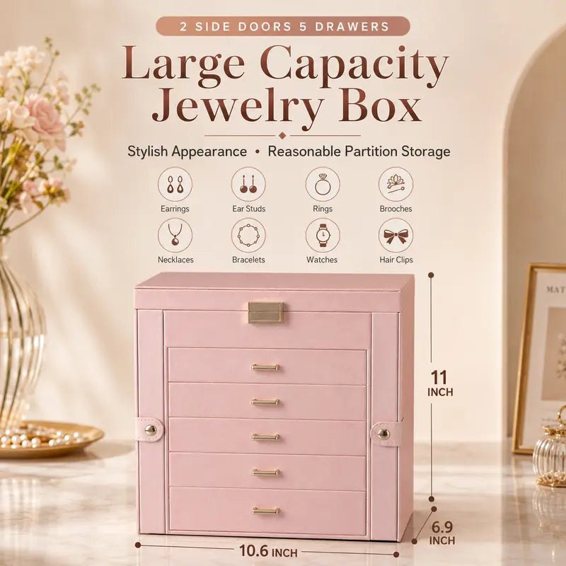 BOOVO Jewelry Box For women, 6 Layer Large Jewelry Organizer With Mirror, Multi-Function Storage Box With Lock, Necklace Holder With 5 Drawers, For Earrings Necklace Bracelet (Rose Gold and Gold)