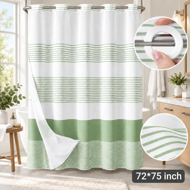 Grey Striped Geometric Double-Layer No Hook Shower Curtain, Mesh Top Window, Hook-Free Design, Easy Installation, Farmhouse, Hotel, Modern Home Decoration, 72x75in