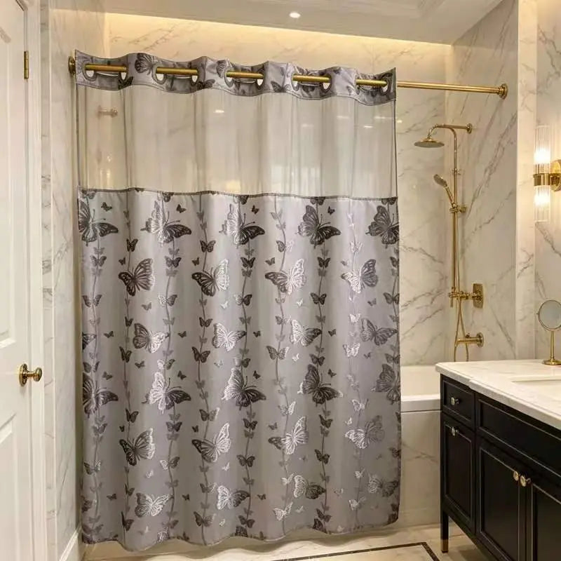 YRZTRK Hookless Blue Flocked Butterfly Double-Layer Shower Curtain with Mesh Top Window, Mesh Fabric, Easy Installation, Farmhouse & Modern Home Decoration, 72x75 in Bathroom Curtain