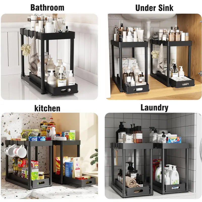 2-Pack Black Under Sink Sturdy Open Shelf Organizer (15x8x12.8in), Plastic Multi-Purpose Anti-Slip Sliding Baskets with 8 Hooks, Metal-Frame Kitchen Accessories for Cabinets, Drawer Storage Organizer, Racks for Furniture Storage & Small Items Organization