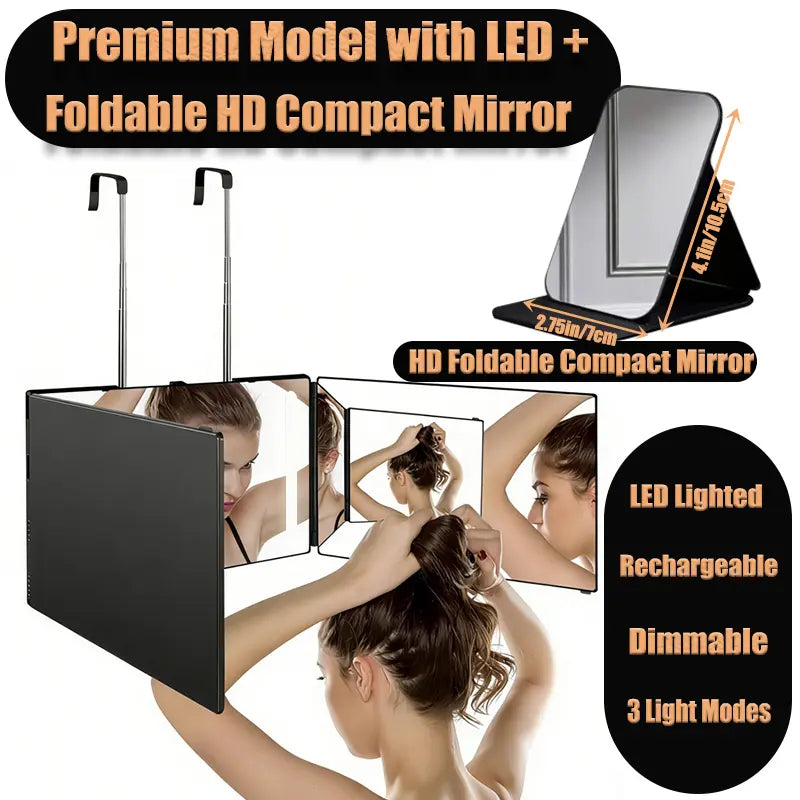 360-Degree Rotatable Adjustable Self-Haircut Mirror, Modern Rectangle 3-Way Bathroom Gadget with Transparent Anti-Fog HD Glass, LED Light, USB-Rechargeable Plastic Frame - Home Bathroom Personal Care Gift