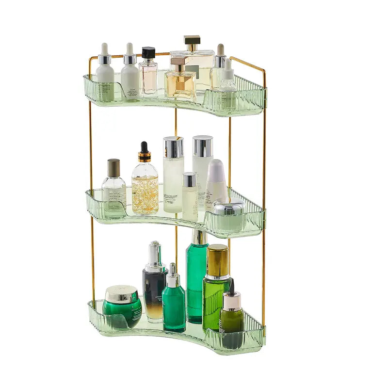 UFORU 3-Tier Transparent Plastic Corner Bathroom Counter Organizer Storage - Bathroom Accessory with Gold Metal Pole, Anti-Slip Trays for Cosmetics, Perfumes, Skincare, Vanity Use, Bedroom Organizer Storage