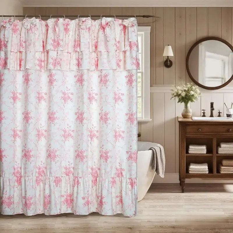 Yrztrk Retro Flower Polyester Shower Curtain with Ruffle, Handcrafted Big Bow Tie, 12 Hooks - Waterproof, Quick-Drying, Machine-Washable Decorative House Decor for Master Bathroom
