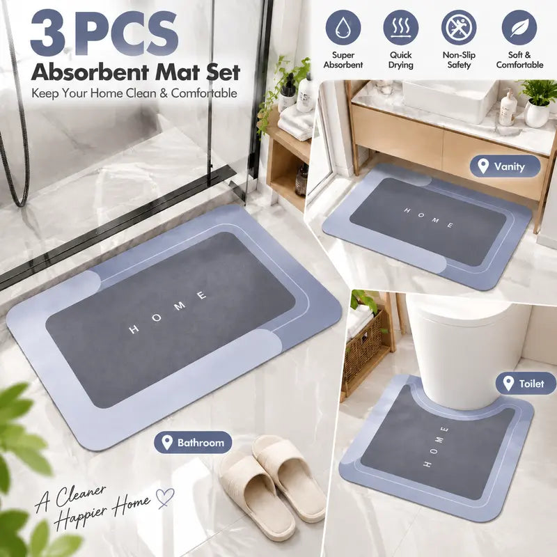 3PCS Absorbent Bath Mat Magic Rug Sets, Quick Drying Bath Mat Non-Slip Floor Rug Rubber Backed for Bathroom Kitchen Shower Sink (16.9''x23.6''+19.7''x23.6''+19.7''x31.9'',Light blue) Diatomite Bath Mat Bath Textiles