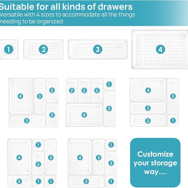 25 PCS Transparent Plastic Drawer Organizer Trays Set - 4-Size Home Boxes for Cosmetic Box, Bathroom Organizer, Kitchen Gadgets & Office Supplies, Ideal for Storage Needs